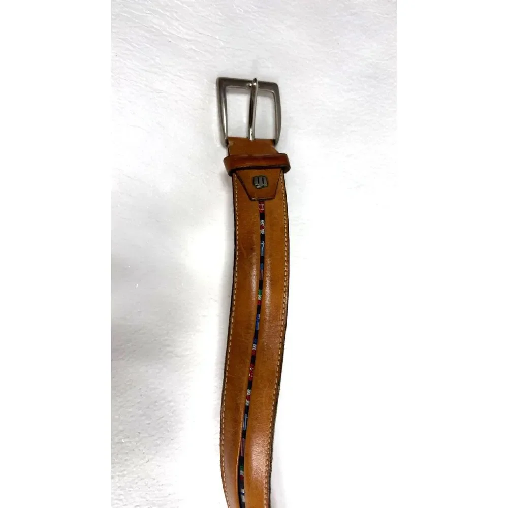 Stefano Corsini Handmade in Italy Leather Belt Brown with Flags in Middle 40